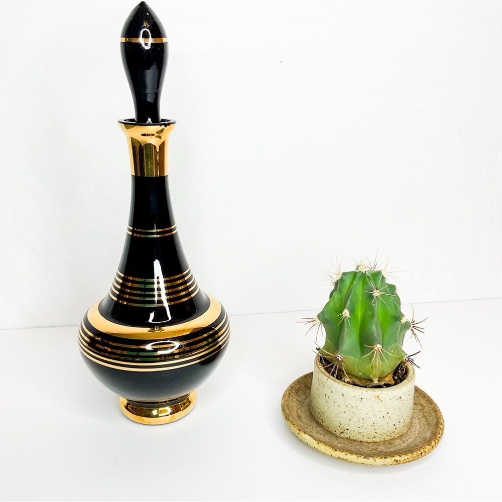 Vintage Black Gold Decanter MCM Barware Genie Bottle